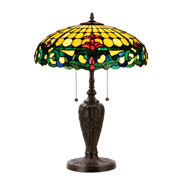 Emerald and Sea Blue Stained Glass 2-Light Colonial Table Lamp