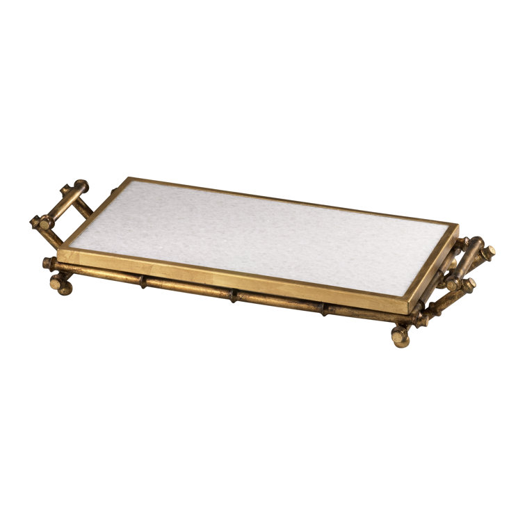 Gold Iron Bamboo-Style Serving Tray with Marble Surface