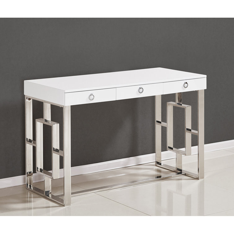 Luxe White High Gloss 47" Writing Desk with Stainless Steel Frame & Drawers