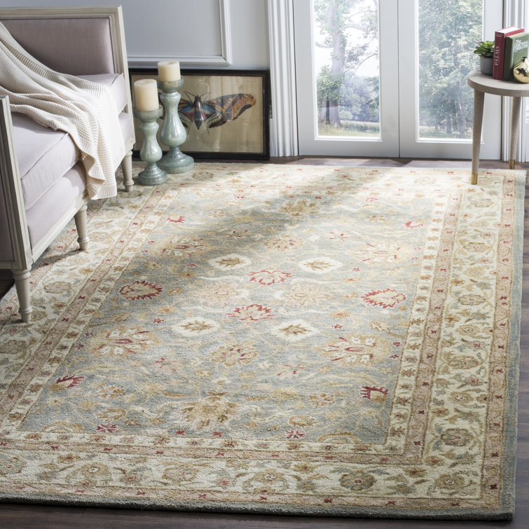 Hand-Tufted Premium Wool Square Rug in Grey Blue and Beige