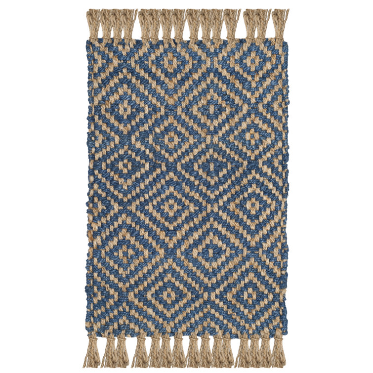 Hand-Woven Tropical Blue and Natural Jute Geometric 9' x 12' Rug