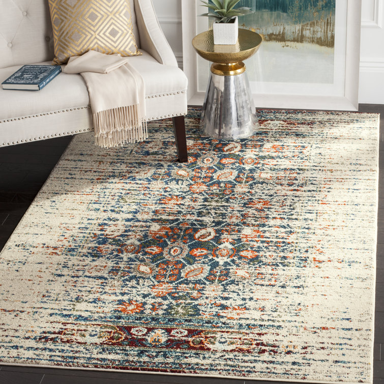 Ivory and Blue Synthetic Boho-Chic Area Rug
