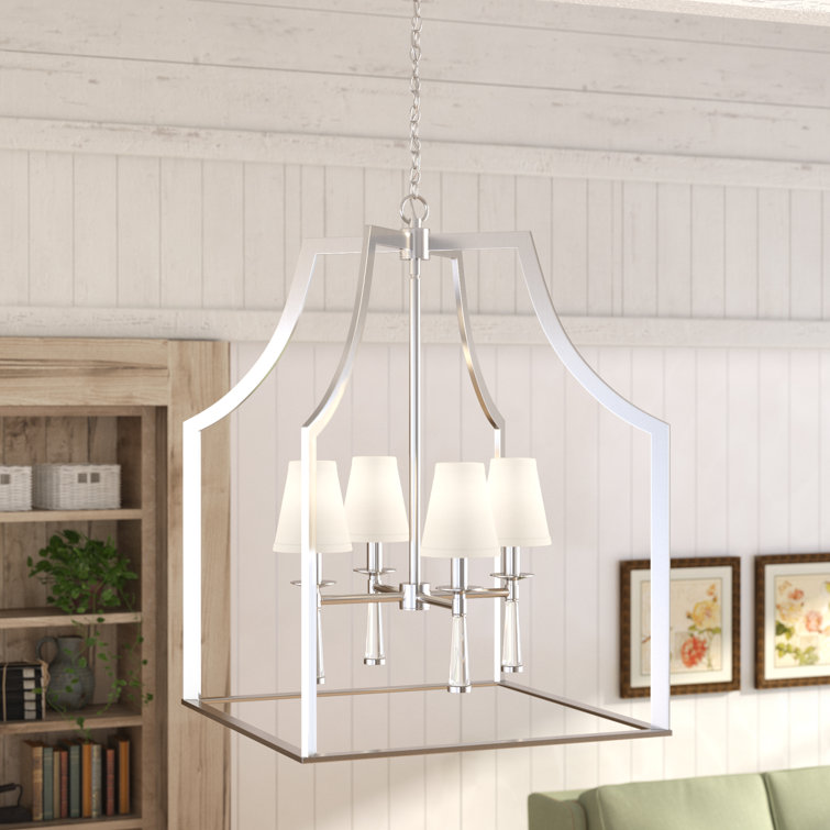 Polished Nickel 4-Light Chandelier with White Silk Shades