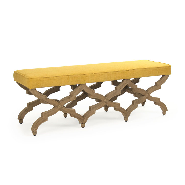 Ornate Cross-Legged Natural Finish Bench in Yellow Raw Silk