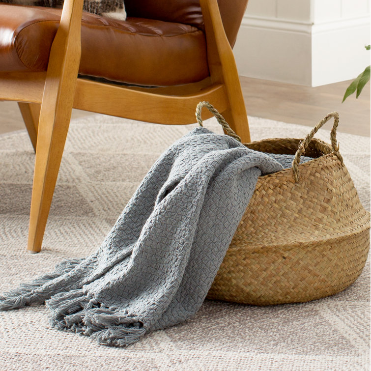Natural Seagrass Round Collapsible Storage Basket with Handles