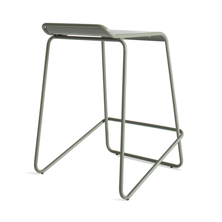 Gray Green Powder-Coated Steel and Wood Counter Stool