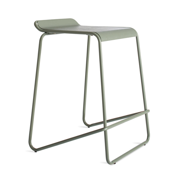 Gray Green Powder-Coated Steel and Wood Counter Stool