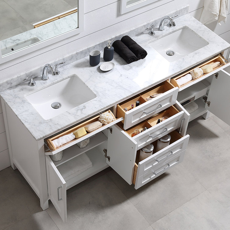 Tahoe 72" White Double Bathroom Vanity with Carrara Marble Top