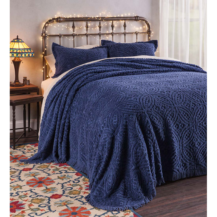 King Size Blue Cotton Chenille Bedspread Set