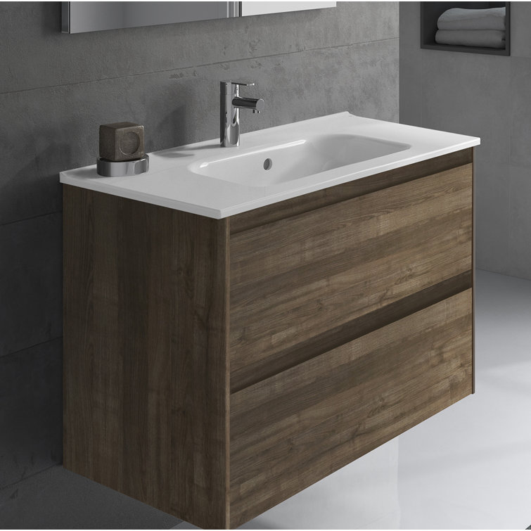 Ambra 32" Matte White Floating Bathroom Vanity with Integrated Ceramic Sink and Mirror