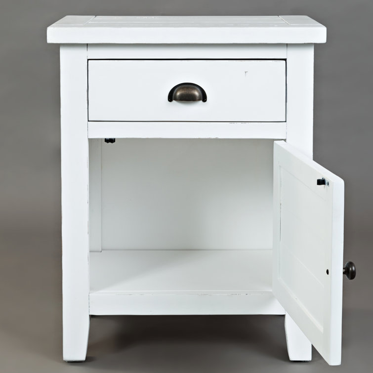 Transitional Weathered White Wood Accent Table with Storage