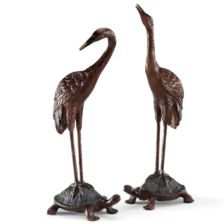 Oxidized Antique Bronze Turtle and Crane Sculpture Set