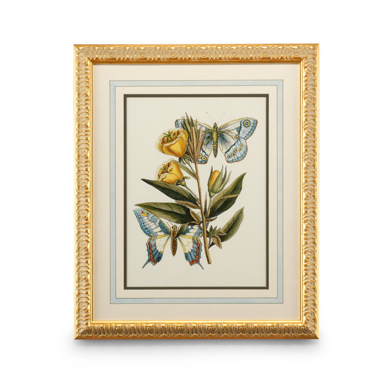 Gold Leaf Butterfly and Floral Art Print with French Mat