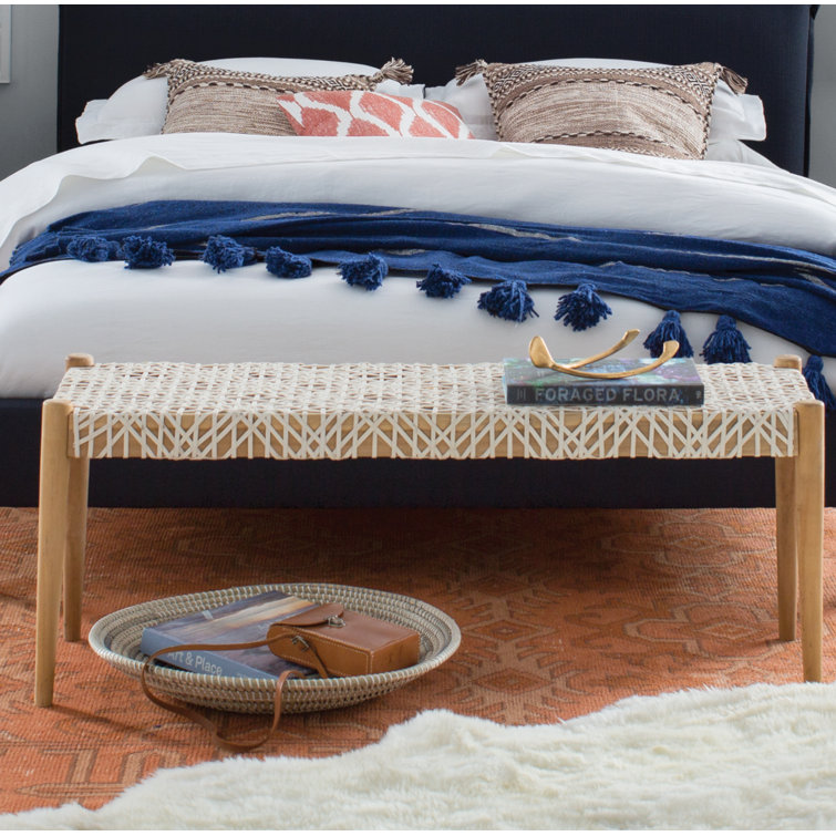 Transitional Natural Teak & Brown Leather Weave Bench, 47"