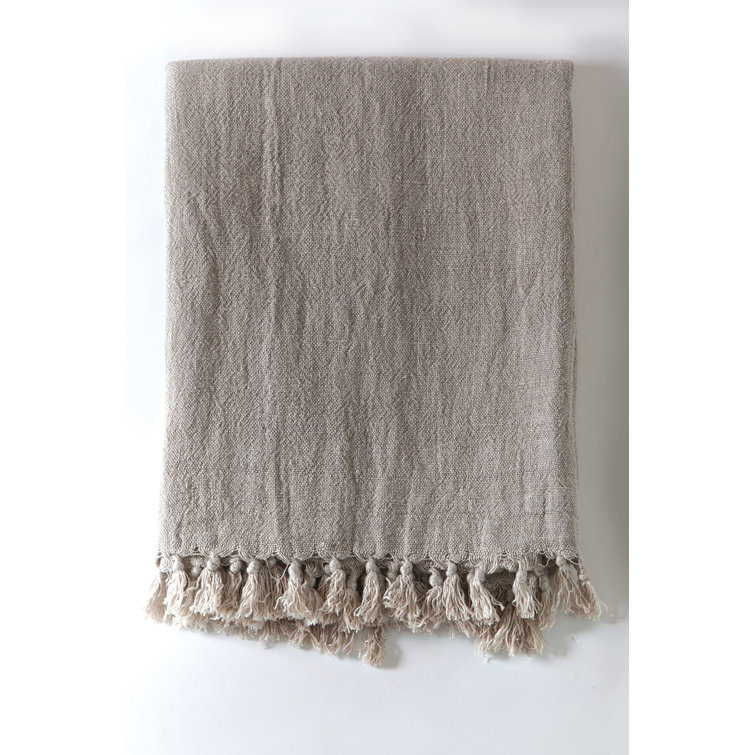 Natural Linen Knitted Throw Blanket with Fringe