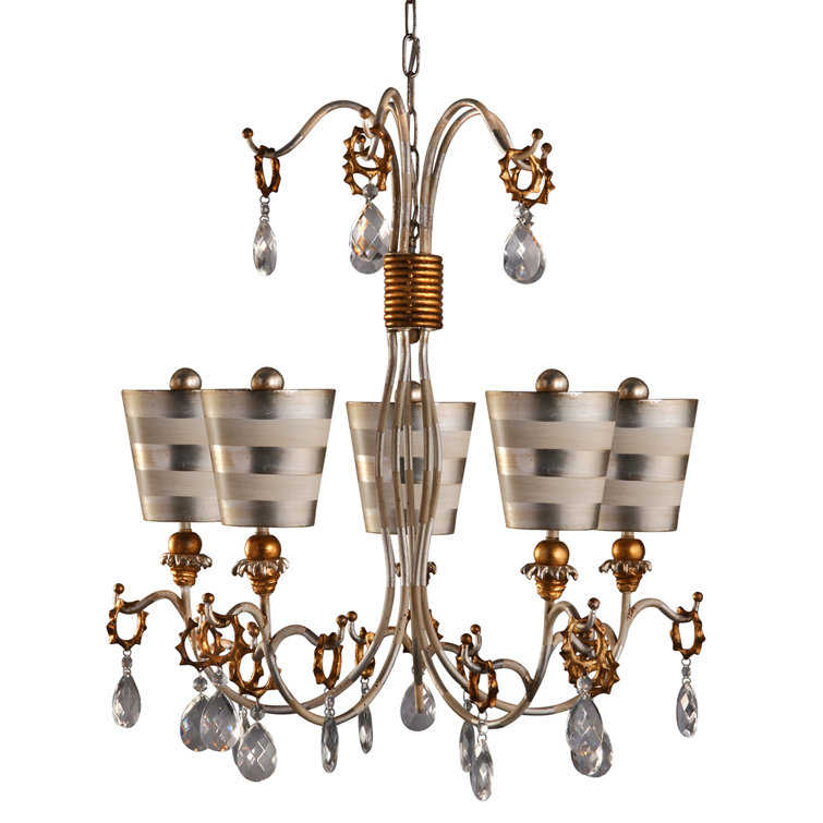 Cream Patina and Silver 5-Light Crystal Chandelier
