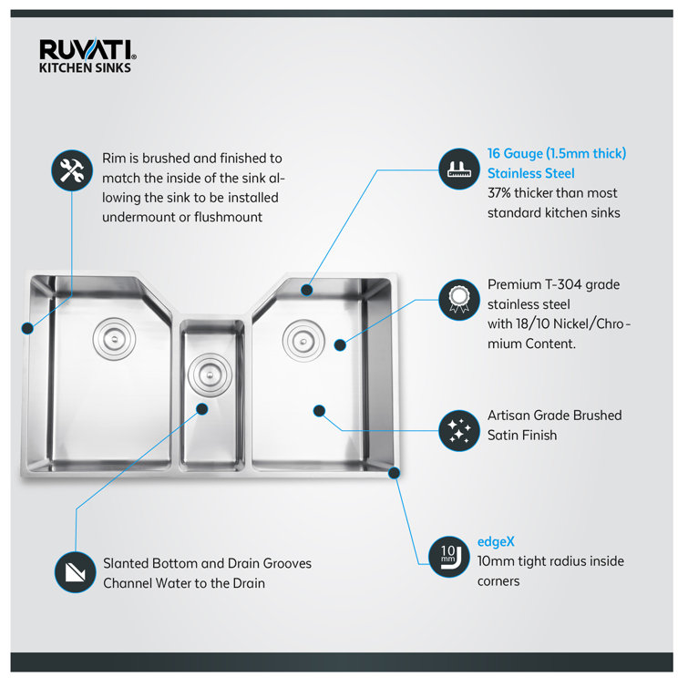 Ruvati 35" Triple Bowl Satin Stainless Steel Undermount Kitchen Sink