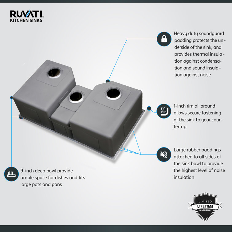 Ruvati 35" Triple Bowl Satin Stainless Steel Undermount Kitchen Sink