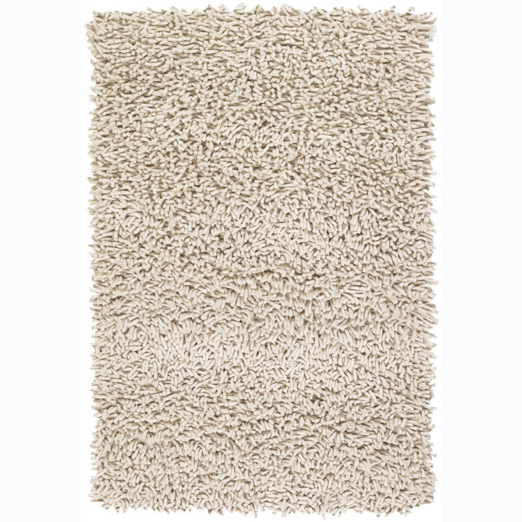Beige Rectangular Handmade Wool Shag Area Rug