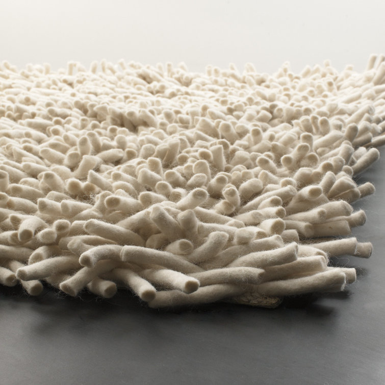 Beige Rectangular Handmade Wool Shag Area Rug