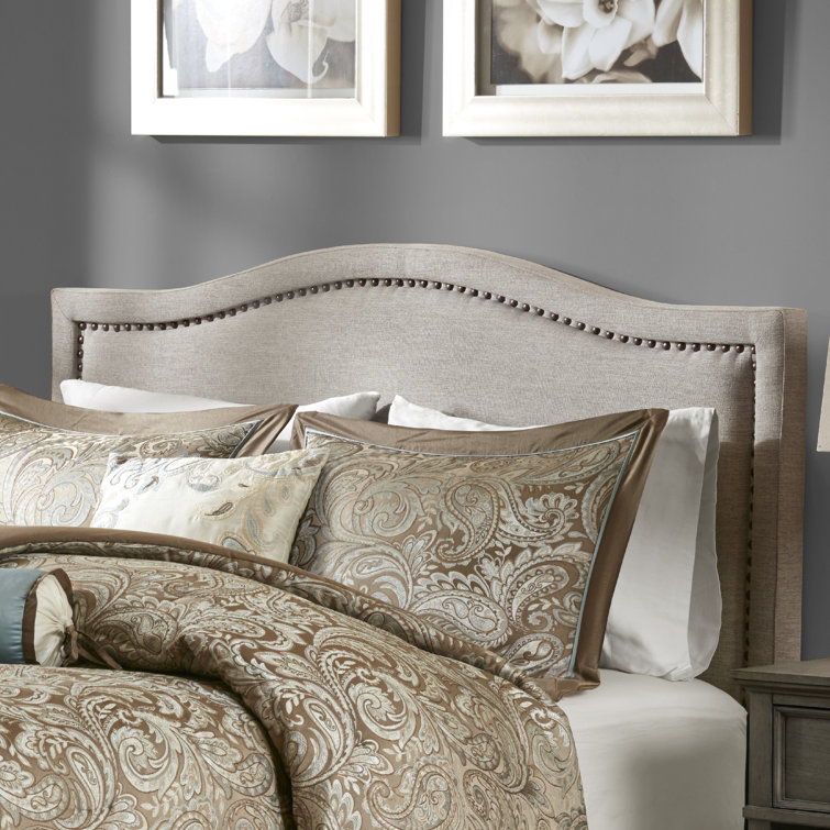 Beige Queen Upholstered Headboard with Nailhead Trim