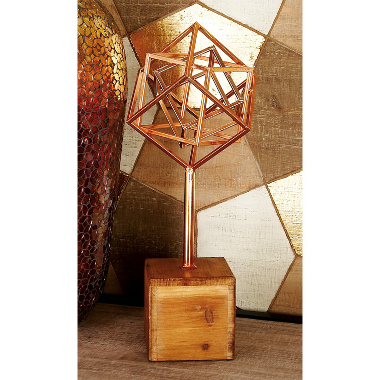 Copper Gold Metal Sculpture with Wooden Base, 18"