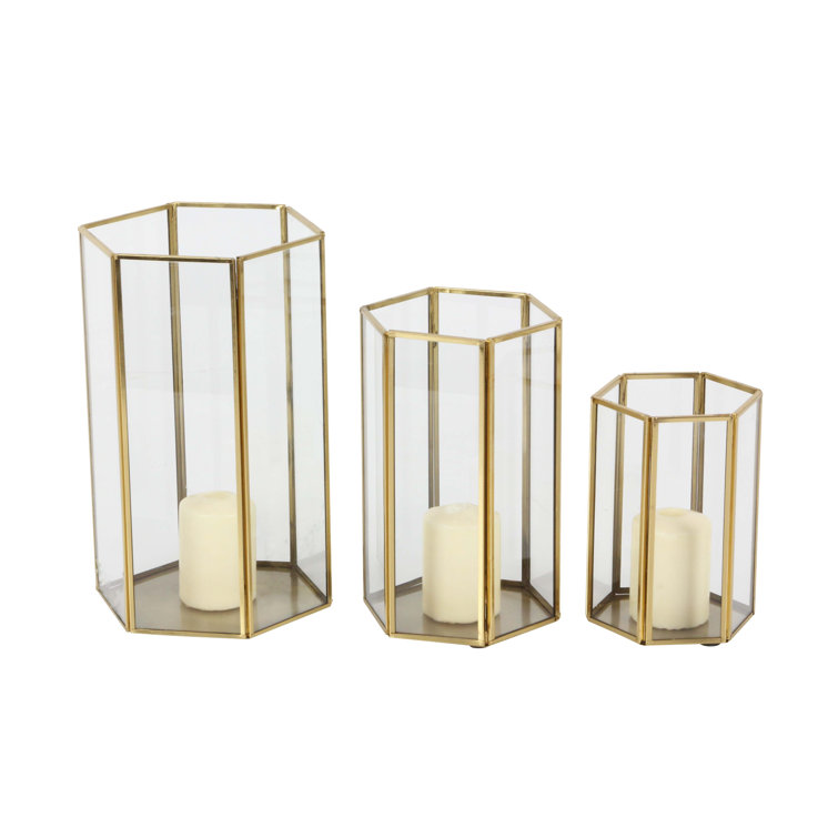 Gold Iron and Glass Hexagonal Candle Lantern Set