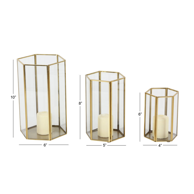 Gold Iron and Glass Hexagonal Candle Lantern Set