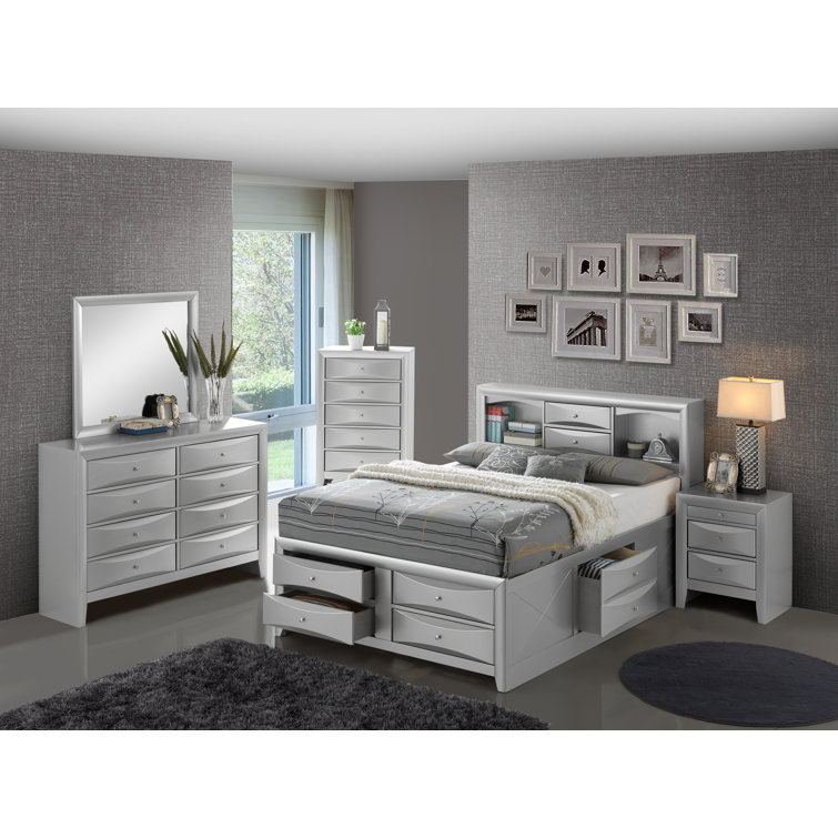 Silver Queen Wood Frame Bookcase Storage Bed with Drawers