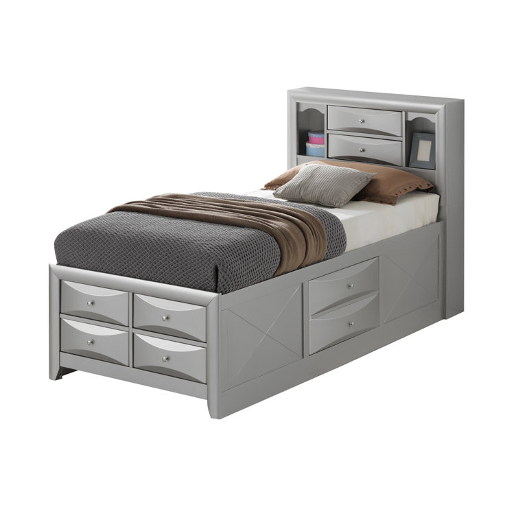 Silver Twin Wood Captain's Bed with Bookcase and Storage Drawers