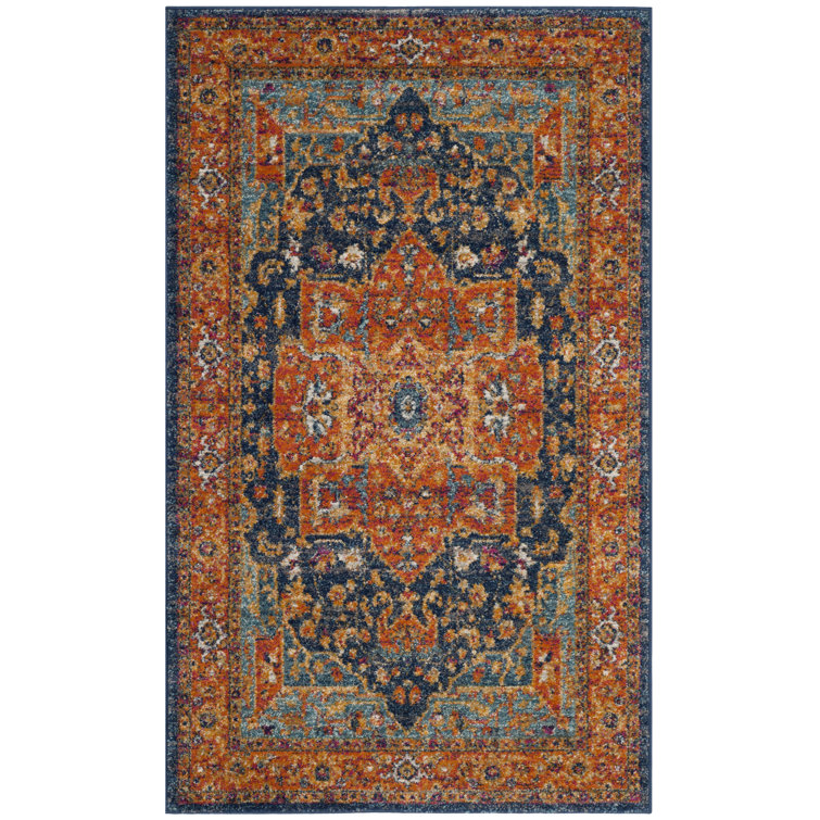 Large Blue and Orange Synthetic Reversible Area Rug