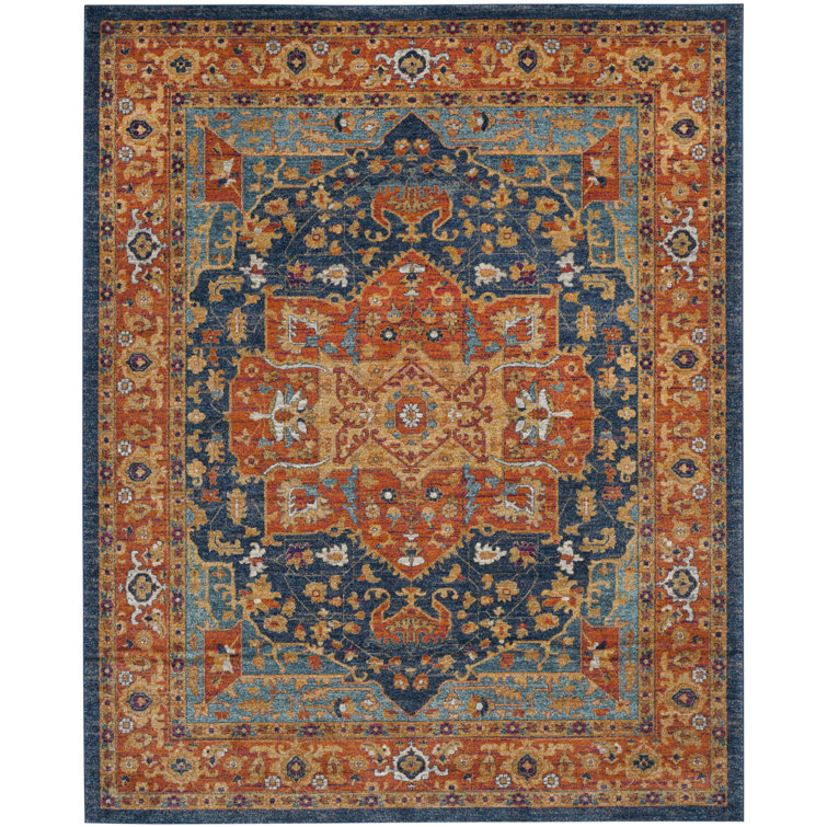 Large Blue and Orange Synthetic Reversible Area Rug