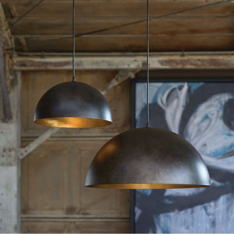 Large Blackened Steel Dome Pendant with Gold Interior