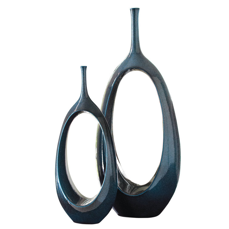 Celestial Dark Teal Ceramic Oval Ring Table Vase