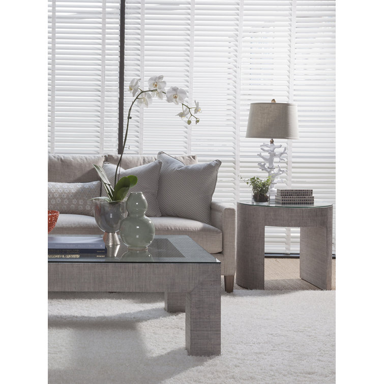 Gray Glass Top Rectangular Cocktail Table with Raffia Base