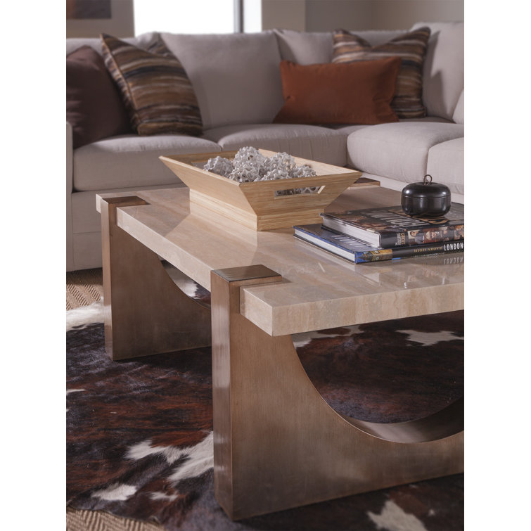 Beige Mahogany and Silver Travertine Rectangular Cocktail Table