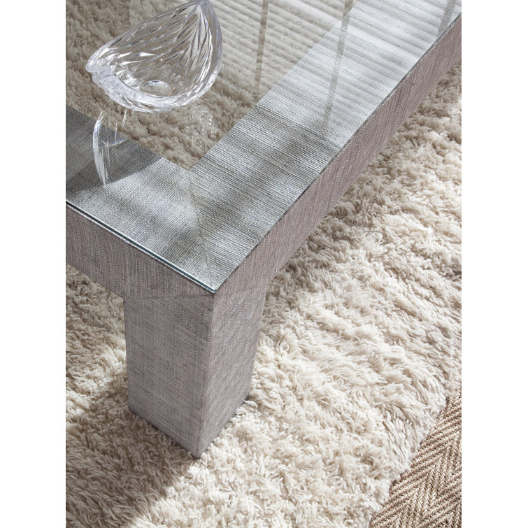 Gray Glass Top Rectangular Cocktail Table with Raffia Base