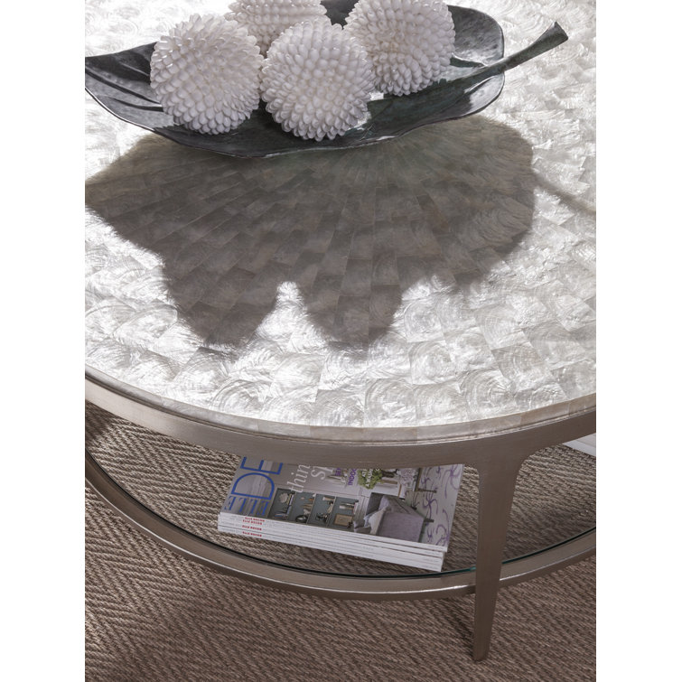 Silver Round Metal Cocktail Table with Capiz Shell Inlay