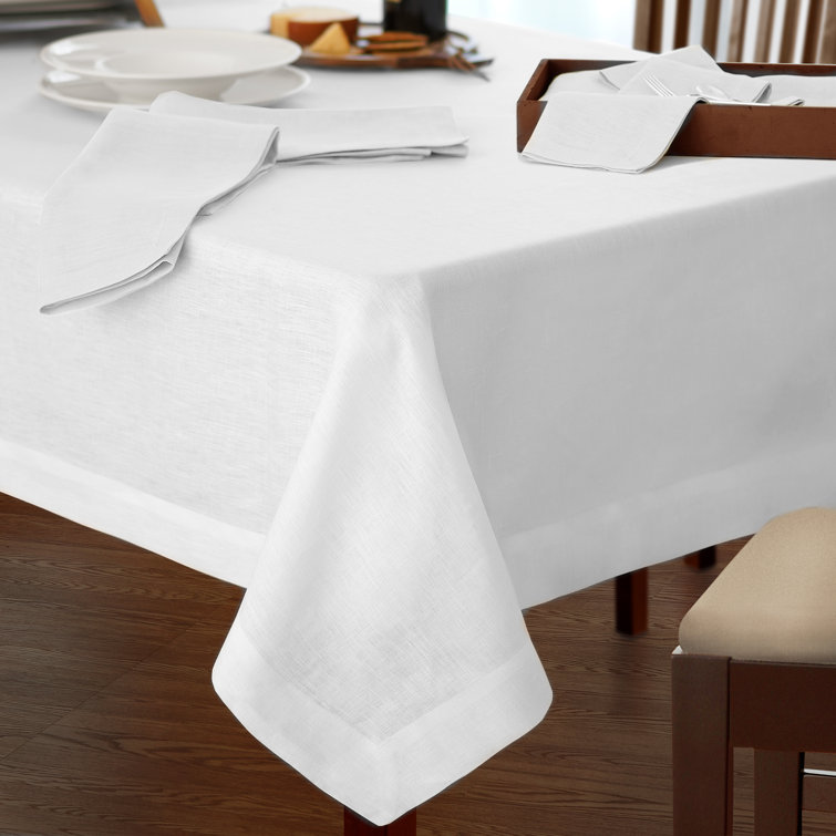 White Linen Rectangular Tablecloth with Mitered Hem, 70" x 96"