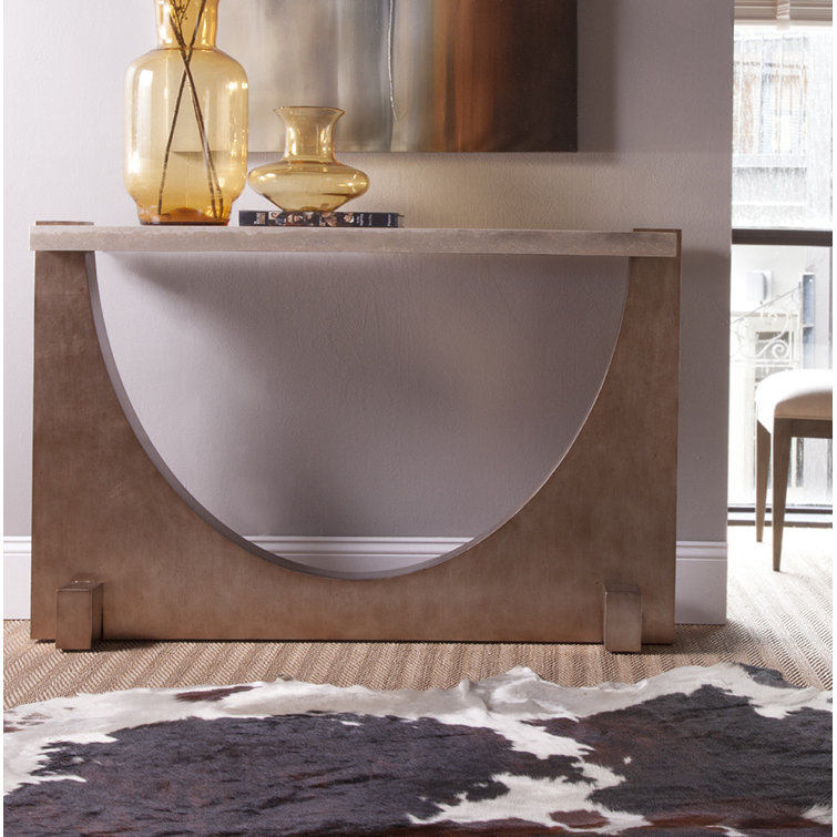 Beige Mahogany and Travertine Rectangular Console Table