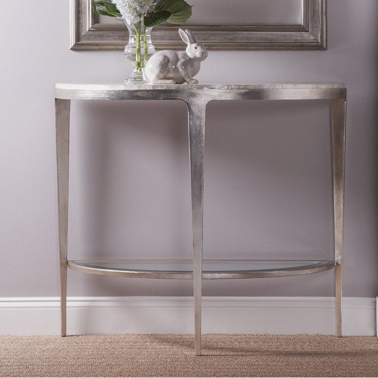 Contemporary Silver Metal & Glass Demilune Console with Storage