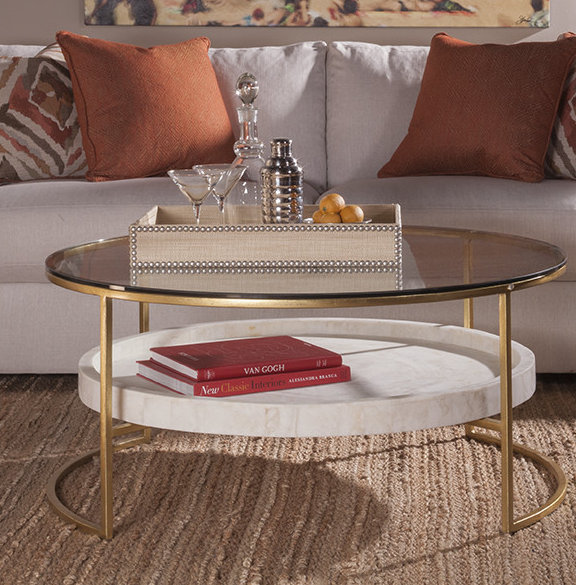 Cumulus Gold Foil 41" Round Glass Cocktail Table with Crystal Shelf