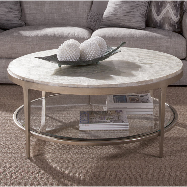 Silver Round Metal Cocktail Table with Capiz Shell Inlay