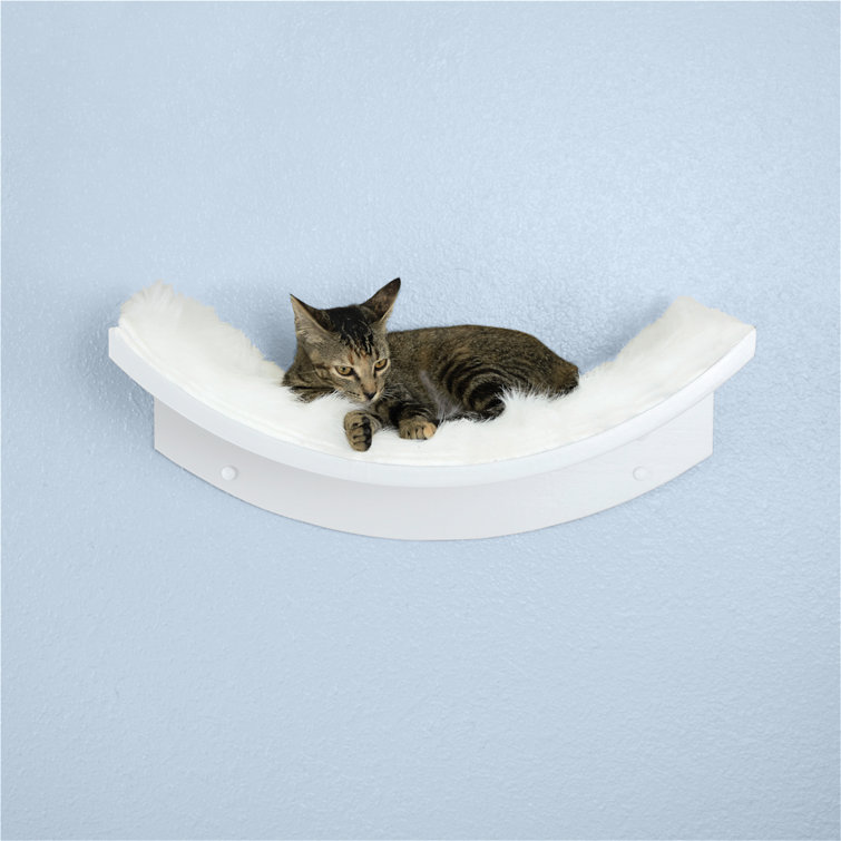 White Modern Wall-Mounted Cat Perch with Faux Fur