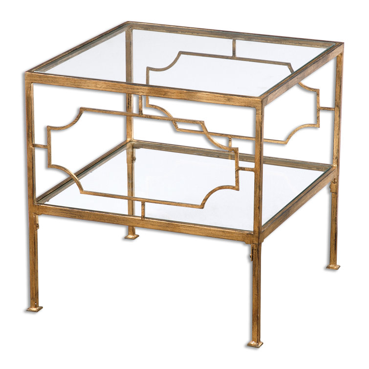 Antique Gold Leaf Square Metal and Glass End Table