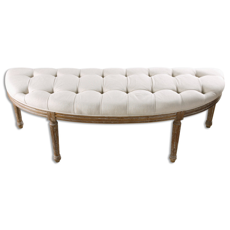 Leggett Off-White Upholstered Tufted Bench with Oak Base