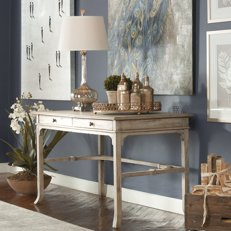 Elegantly Carved Aged White Solid Wood Home Office Desk with Drawers