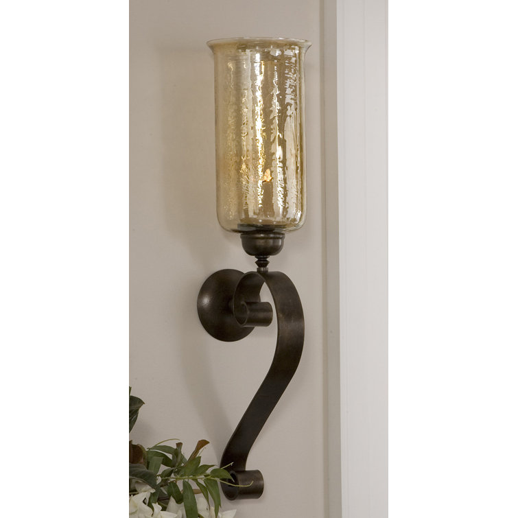 Antiqued Bronze Hand-Forged Iron and Amber Glass Candle Wall Sconce