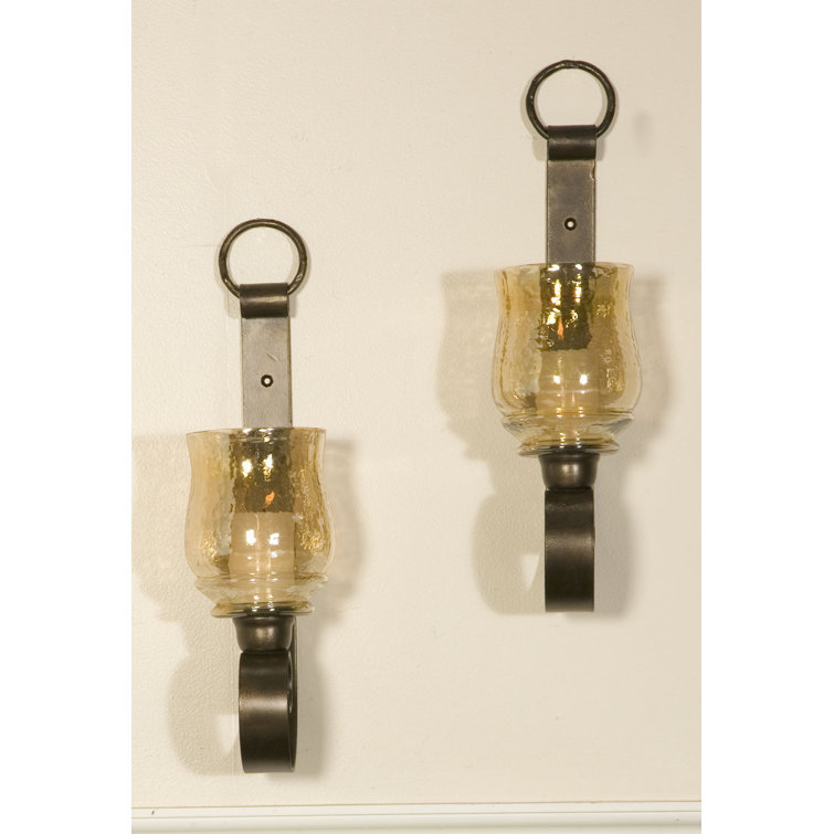 Contemporary Joselyn Black Iron and Amber Glass Wall Sconce