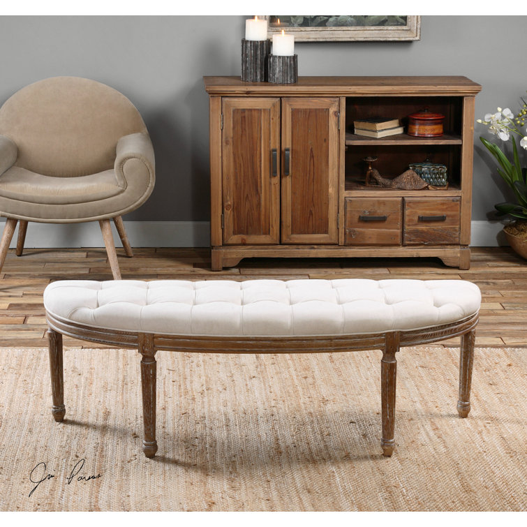 Leggett Off-White Upholstered Tufted Bench with Oak Base